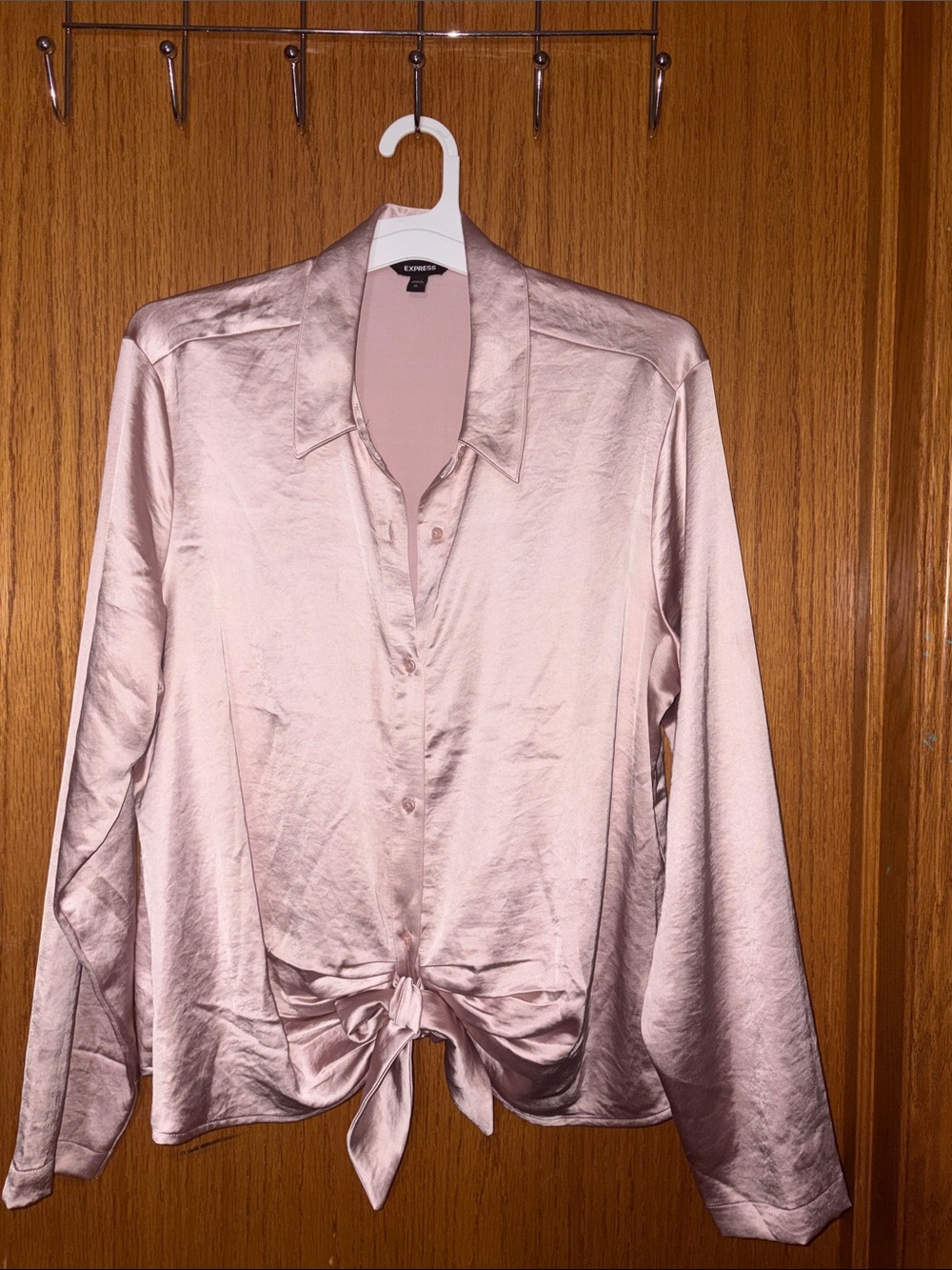 Express Light Pink Satin Tie-Front Button Down Shirt